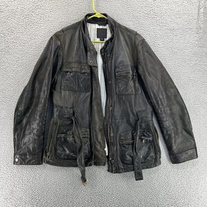 GAP Genuine‎ Leather Jacket Men's Medium Solid Black Belted Motorcycle - READ